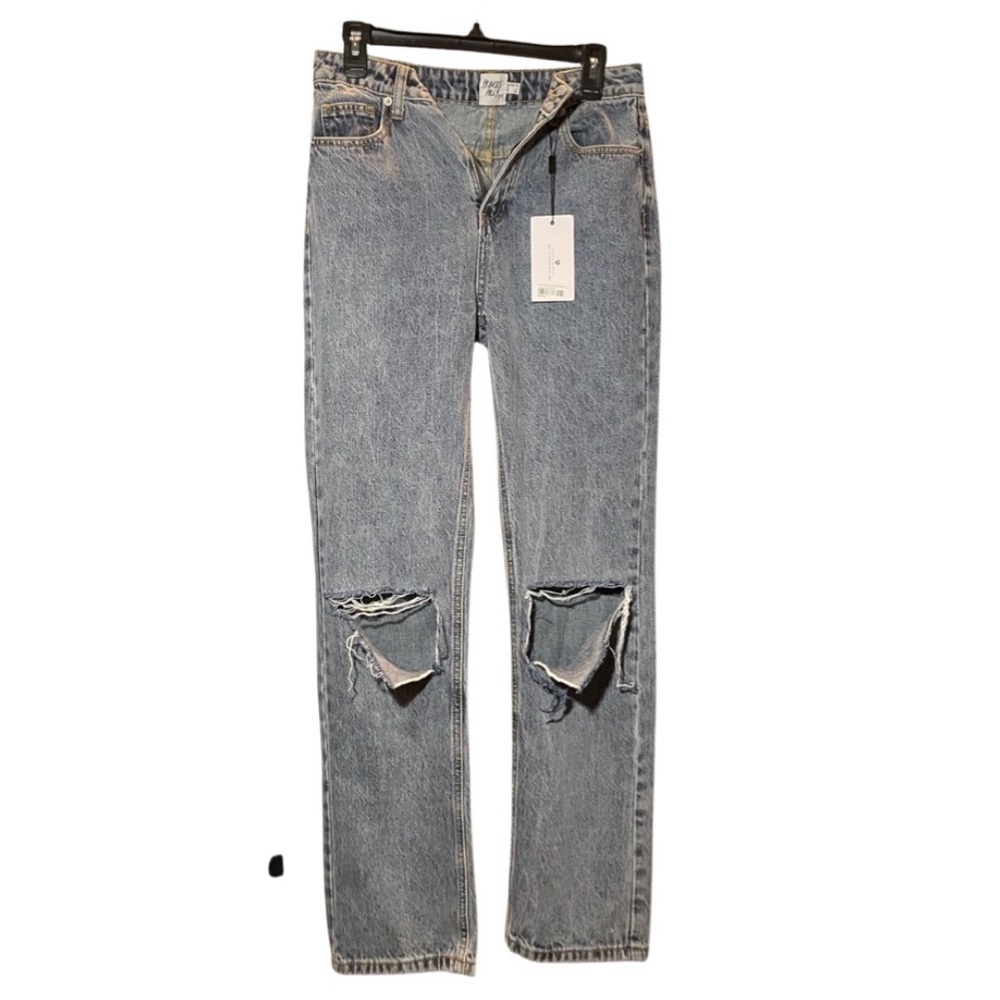 princess polly high waisted straight leg jeans with rips at knees